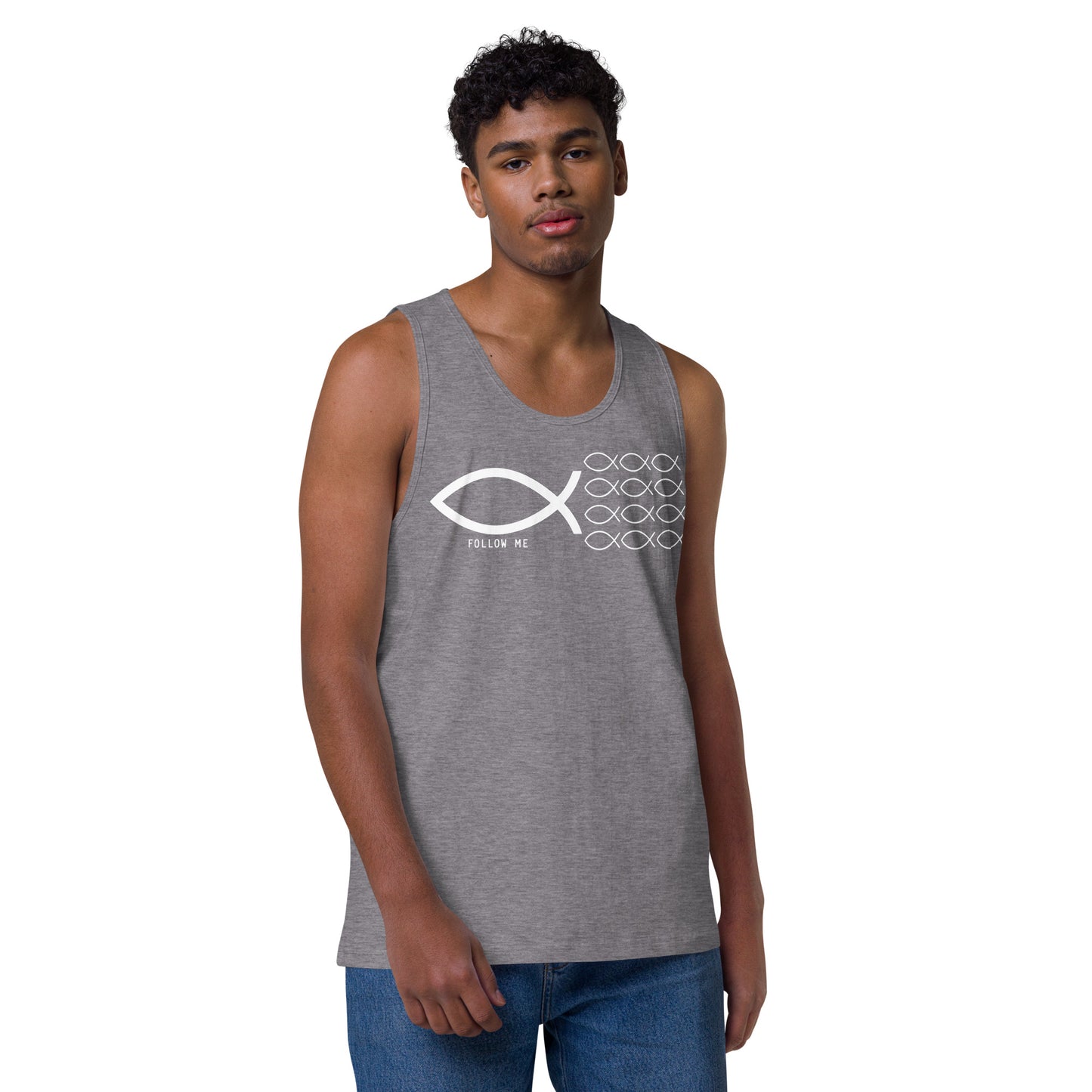 Follow Me Dark-Colored Men’s Premium Tank Top