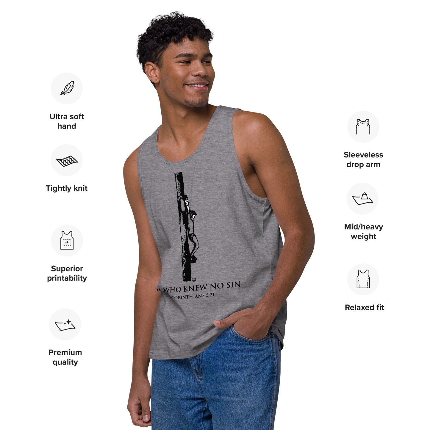 Him Who Knew No Sin Dark-Colored Men’s Premium Tank Top