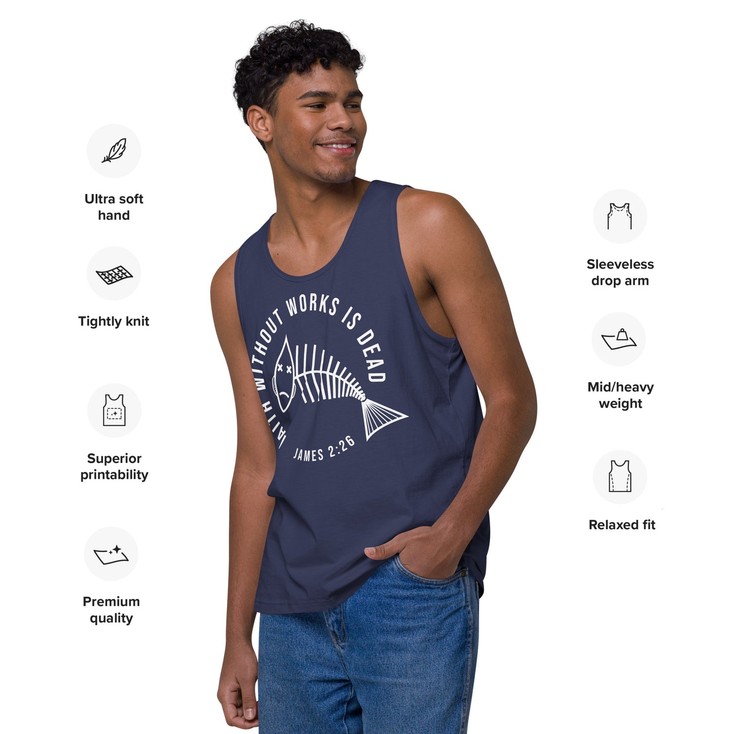 Faith Without Works Round Dark-Colored Men’s Premium Tank Top